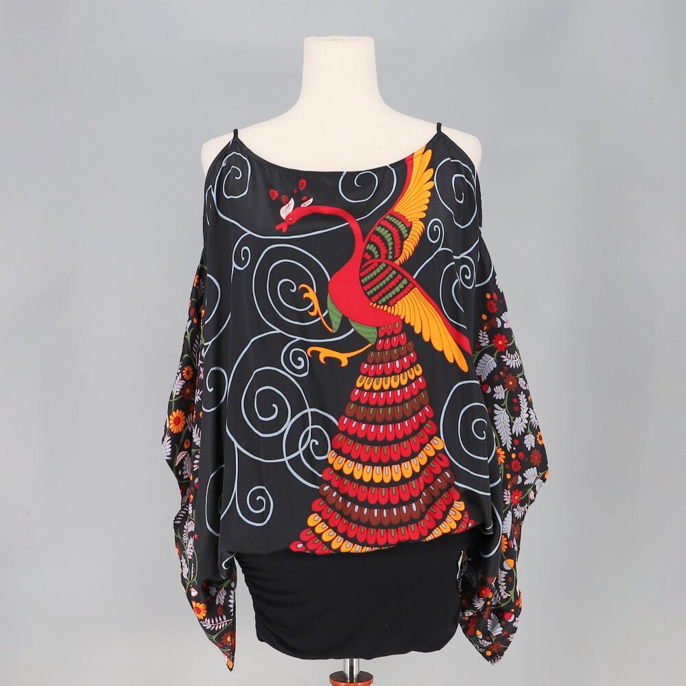 VOOM By Joy Han Silk Cold Shoulder Tunic Top in Peacock Print Size S